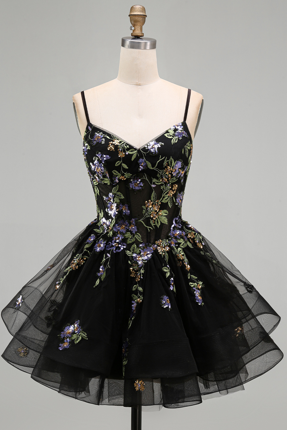 Floral Black A-Line Ruffled Short Corset Homecoming Dress