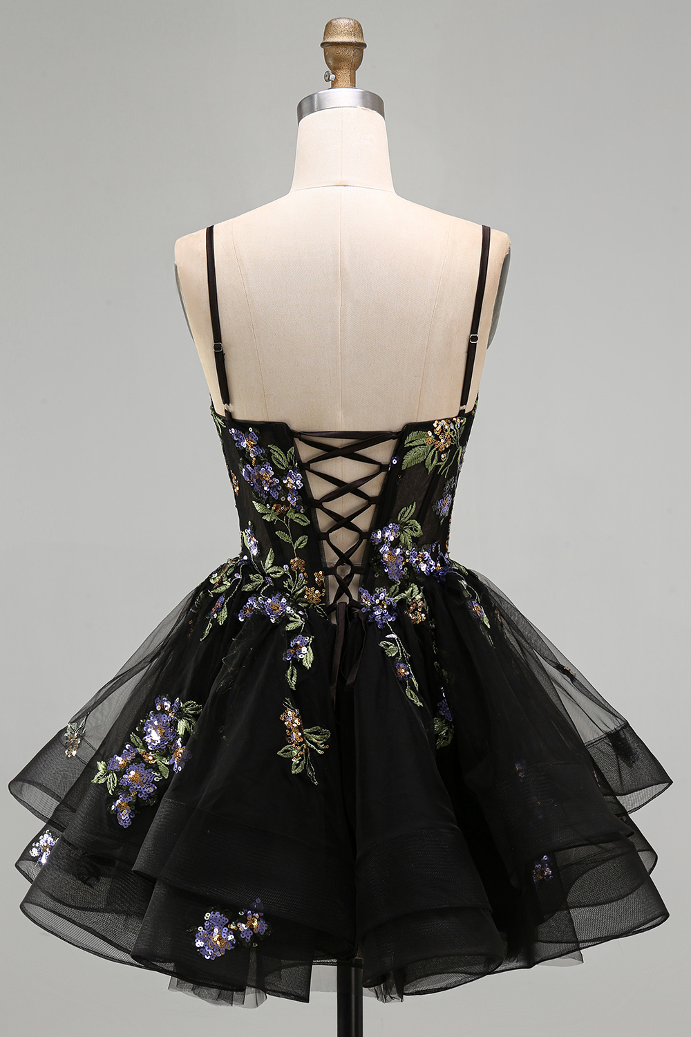 Floral Black A-Line Ruffled Short Corset Homecoming Dress