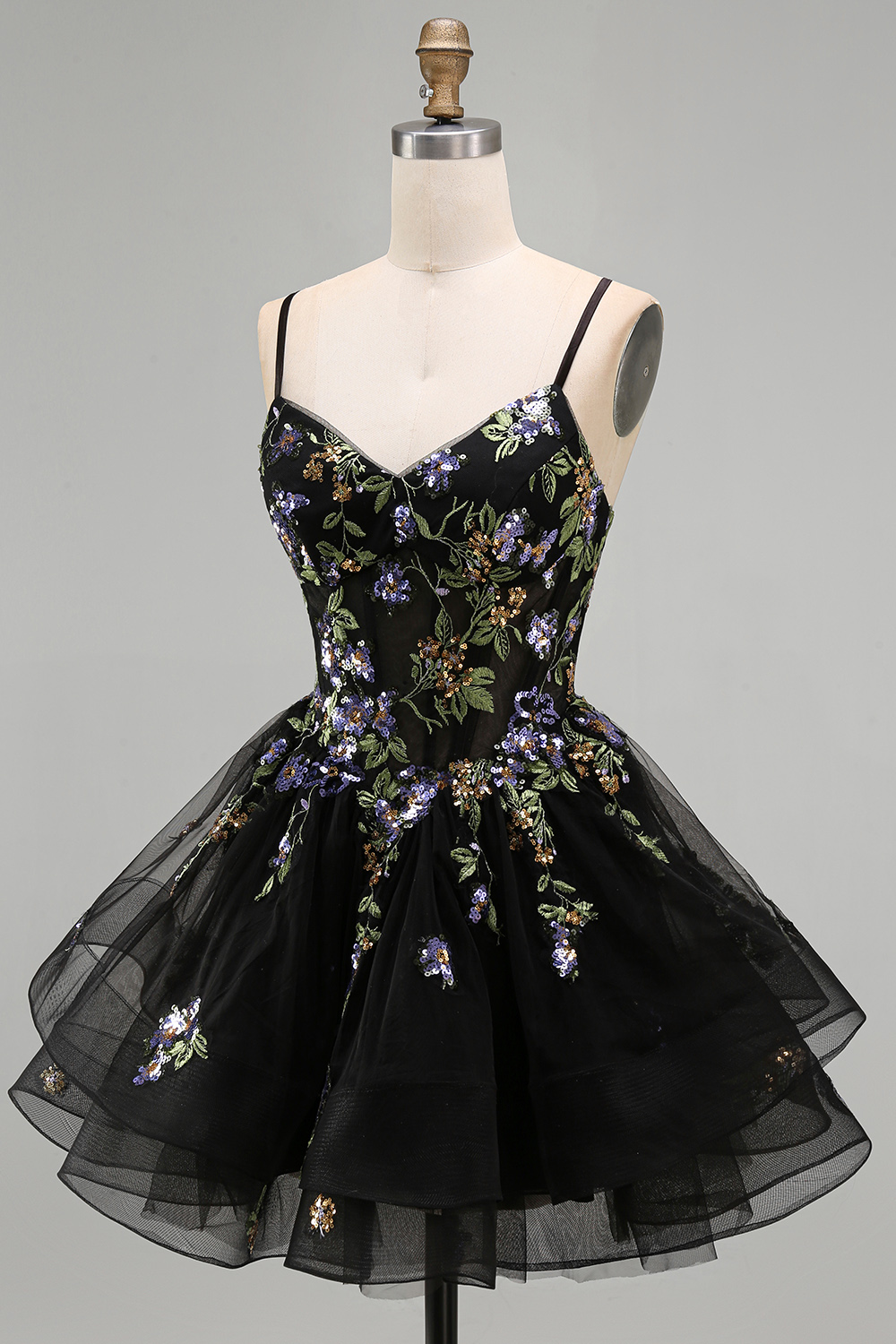 Floral Black A-Line Ruffled Short Corset Homecoming Dress