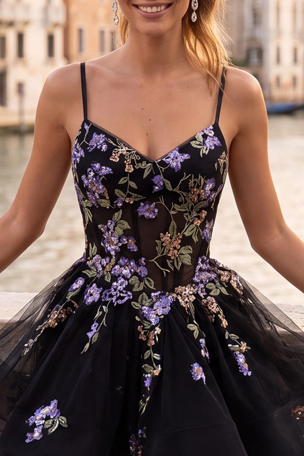Floral Black A-Line Ruffled Short Corset Homecoming Dress