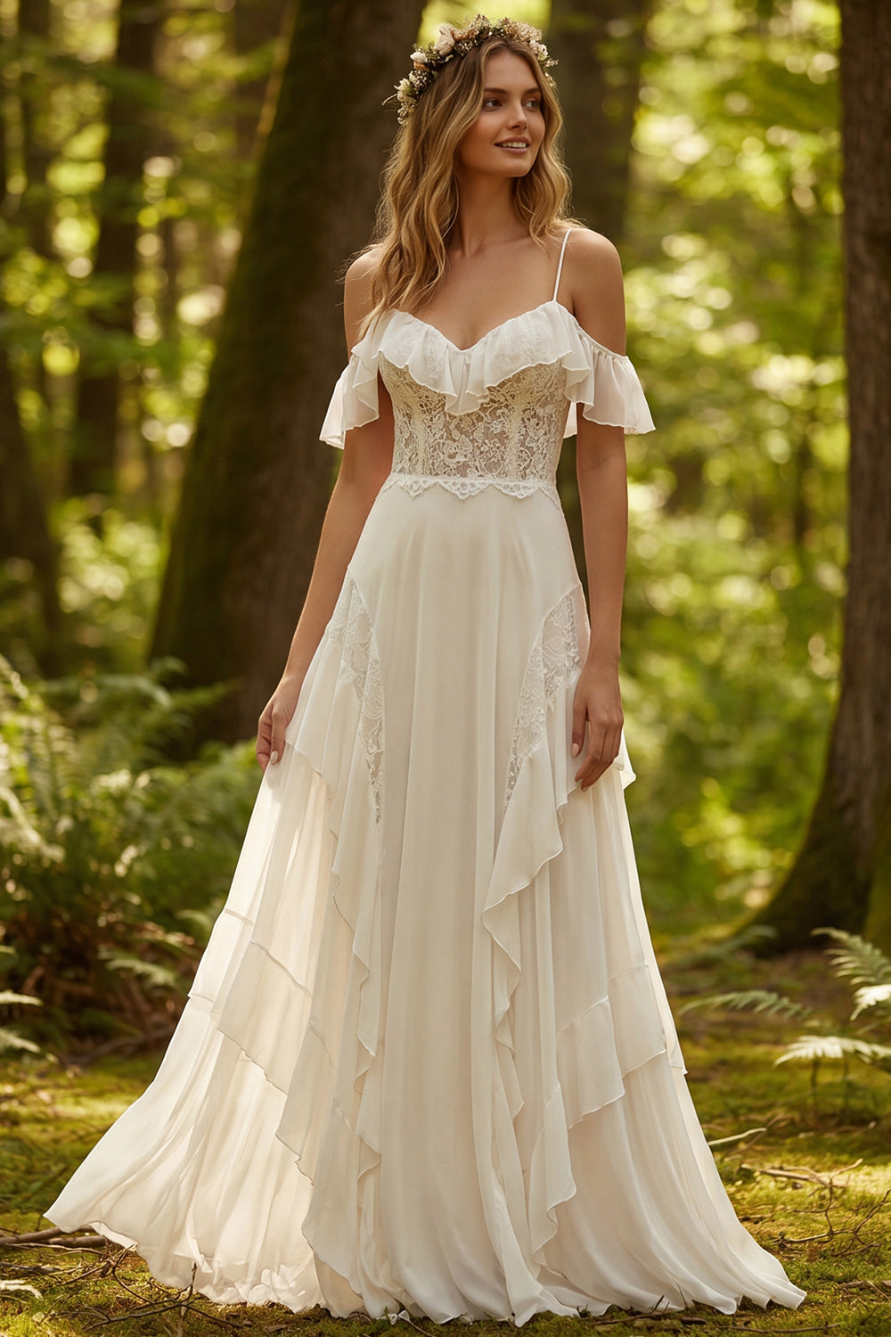 Ruffled Ivory Chiffon A-Line Sweep Train Beach Wedding Dress with Lace