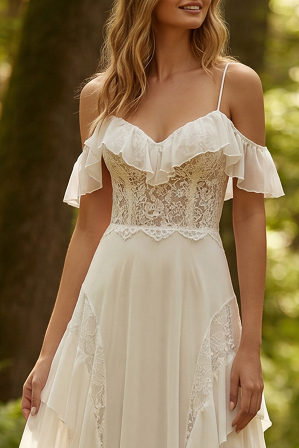 Ruffled Ivory Chiffon A-Line Sweep Train Beach Wedding Dress with Lace