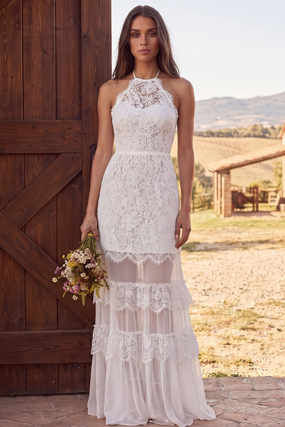Ruffled Ivory Lace Halter Neck Mermaid Maxi Boho Wedding Dress