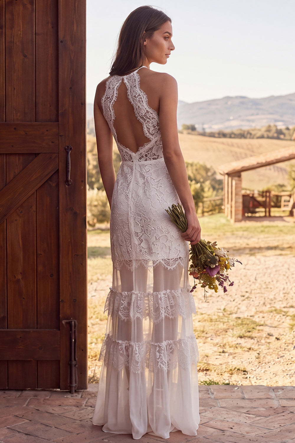 Ruffled Ivory Lace Halter Neck Mermaid Maxi Boho Wedding Dress