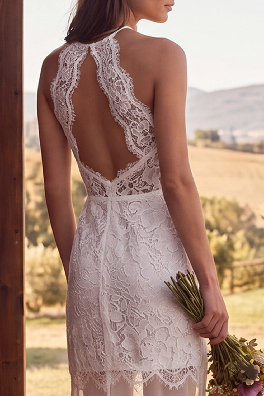 Ruffled Ivory Lace Halter Neck Mermaid Maxi Boho Wedding Dress
