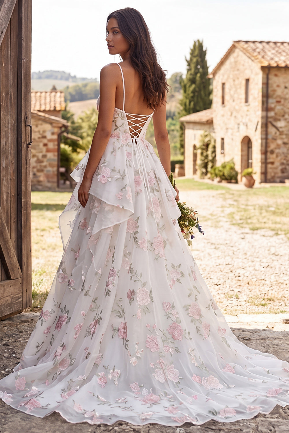 Ruffled Floral Ivory A-Line Sweep Train Wedding Dress with Slit