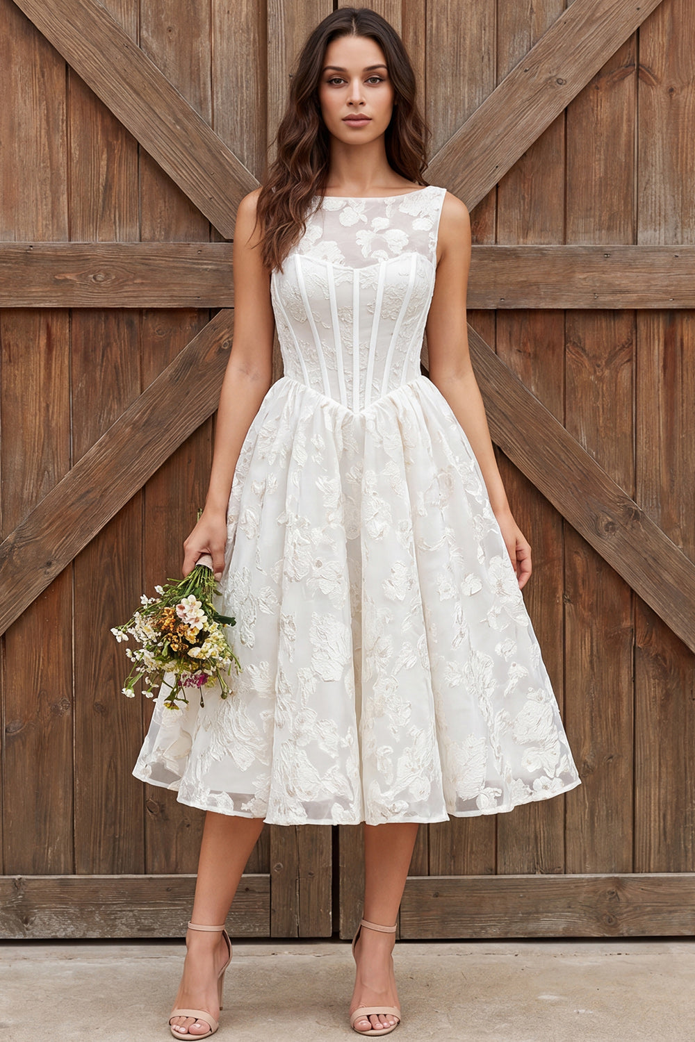 Corset Ivory Floral Boat Neck A Line Midi Engagement Dress