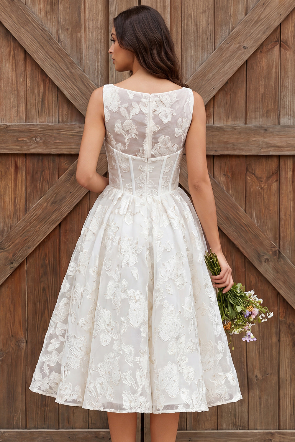 Corset Ivory Floral Boat Neck A Line Midi Engagement Dress