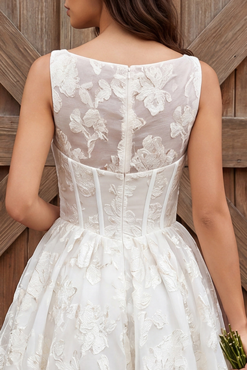 Corset Ivory Floral Boat Neck A Line Midi Engagement Dress