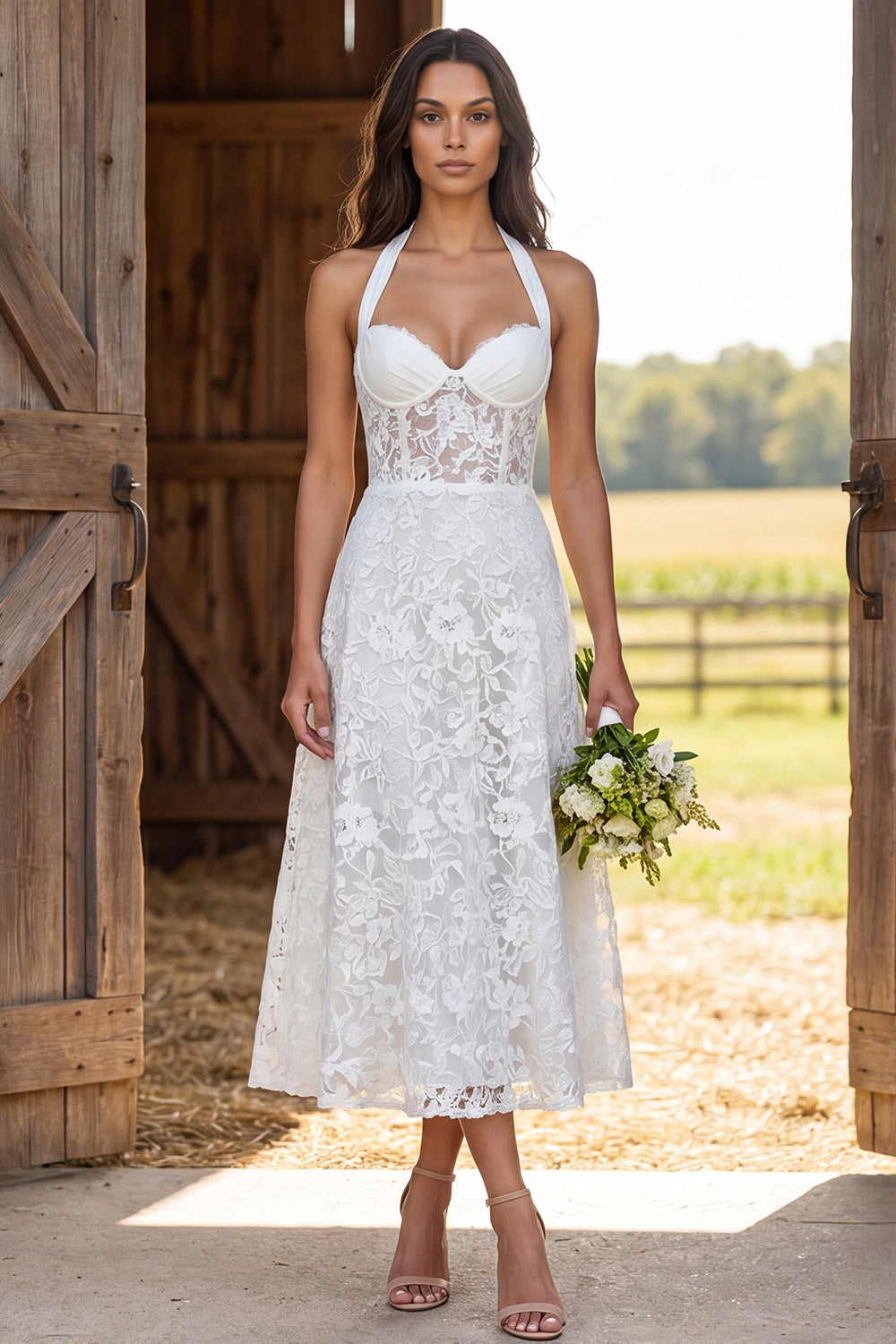 Ivory Lace Corset Halter Neck Floral A-Line Long Engagement Dress