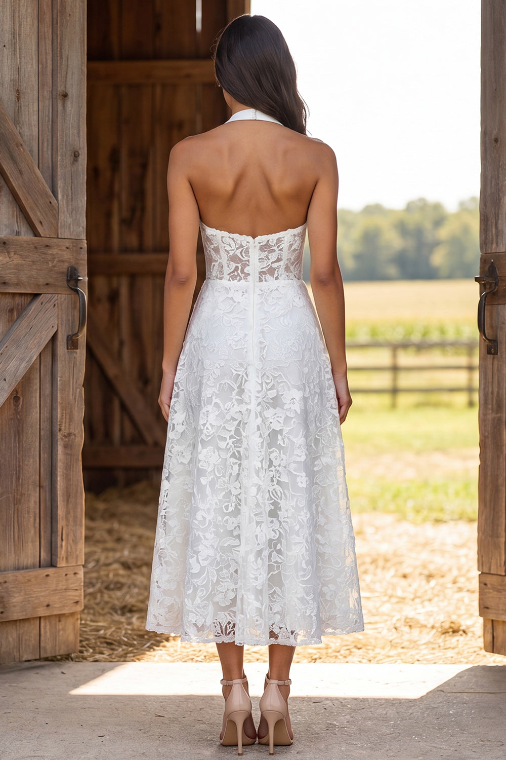 Ivory Lace Corset Halter Neck Floral A-Line Long Engagement Dress