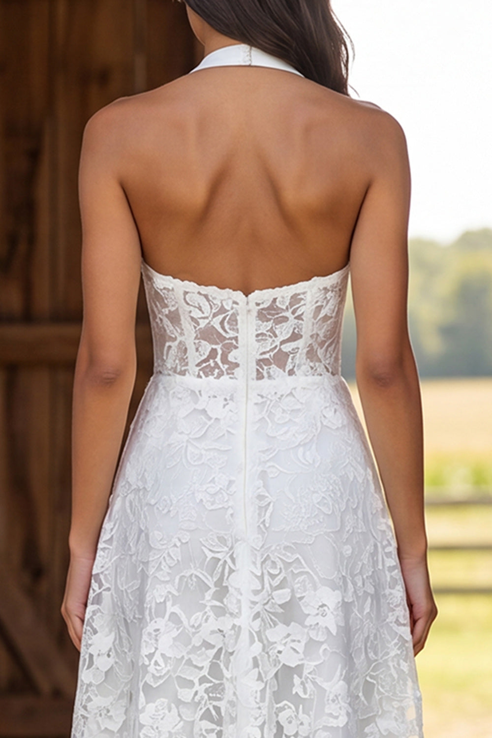 Ivory Lace Corset Halter Neck Floral A-Line Long Engagement Dress