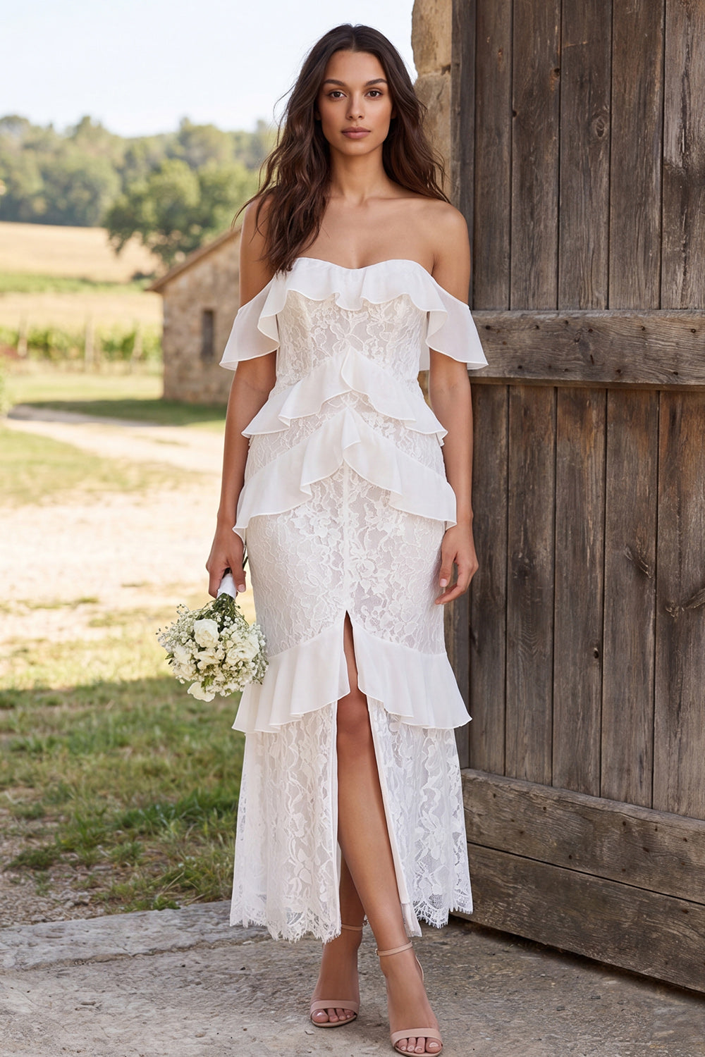 Ruffled Ivory Lace Tiered Mermaid Long Engagement Dress with Slit