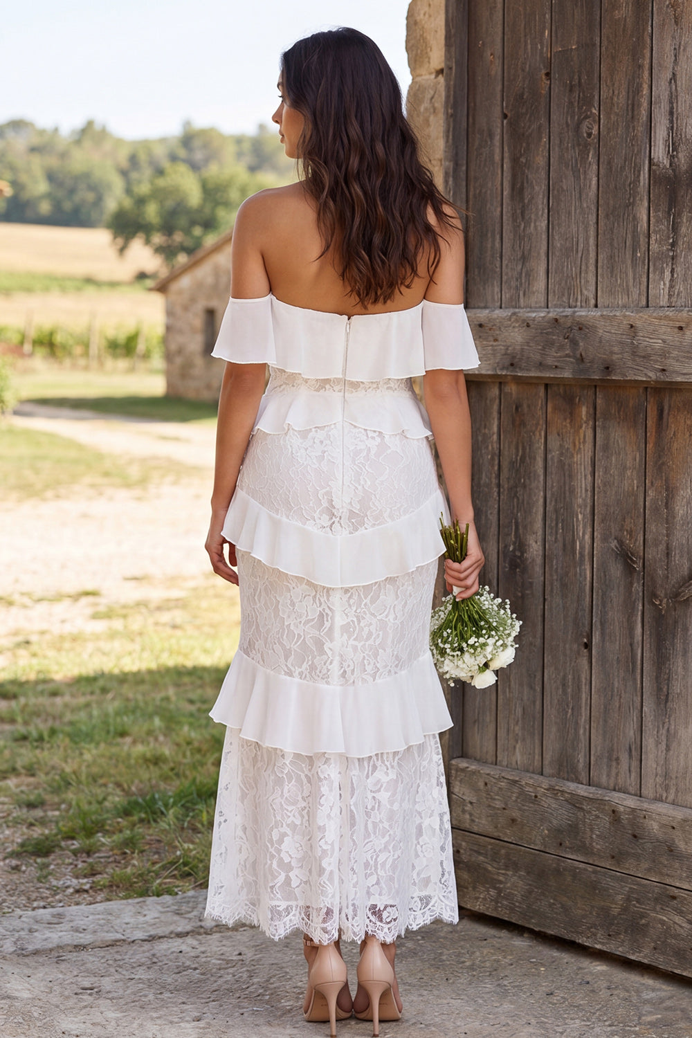 Ruffled Ivory Lace Tiered Mermaid Long Engagement Dress with Slit