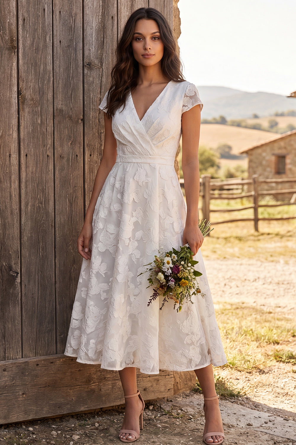 Ivory Ruched A-Line Cap Sleeves Floral Maxi Engagement Dress