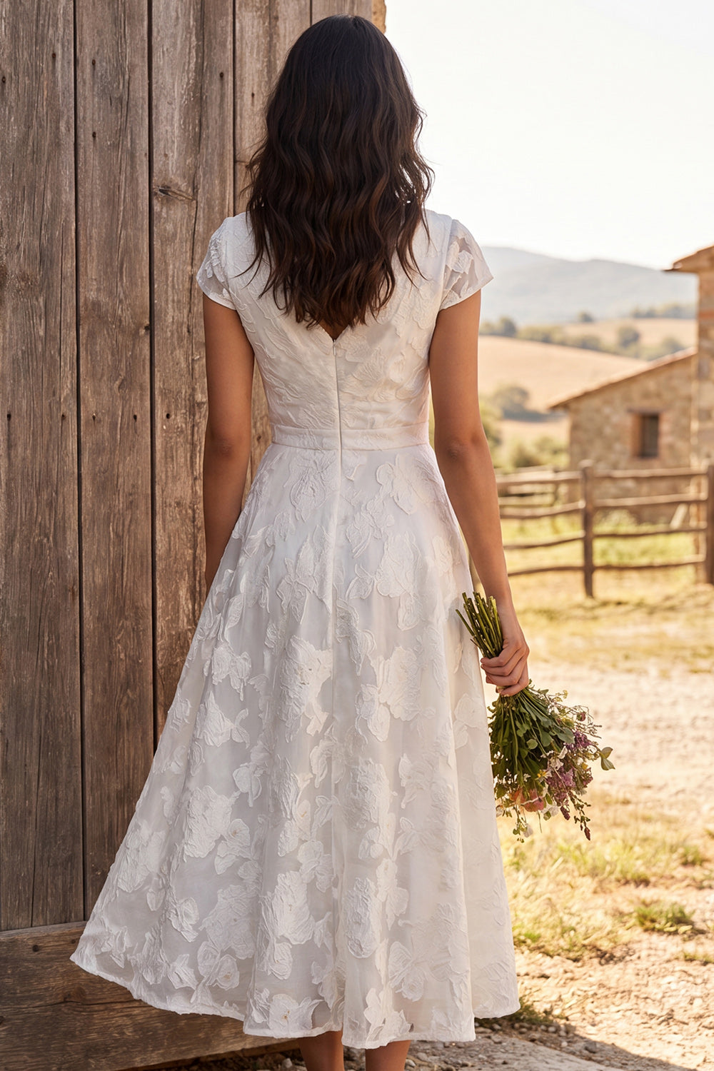 Ivory Ruched A-Line Cap Sleeves Floral Maxi Engagement Dress