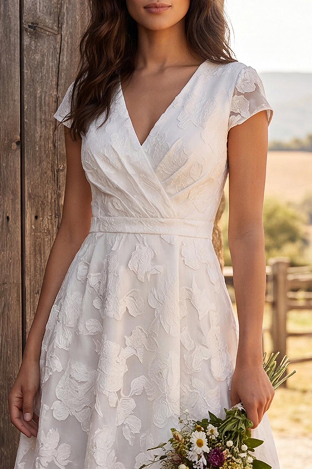 Ivory Ruched A-Line Cap Sleeves Floral Maxi Engagement Dress