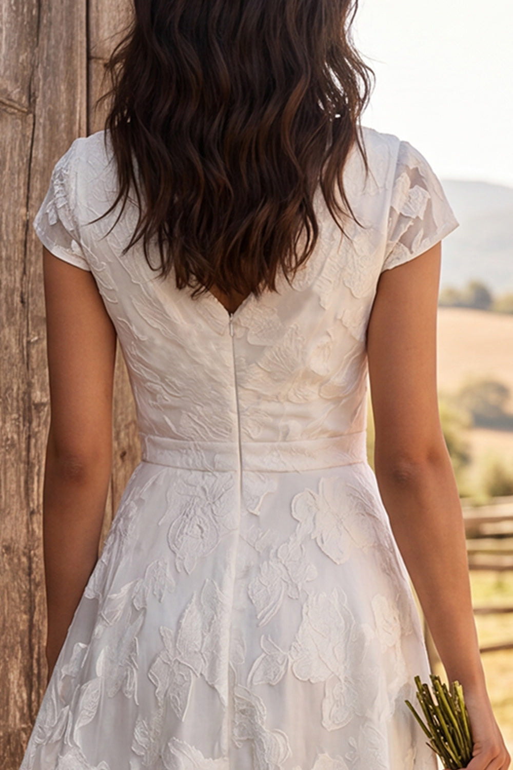Ivory Ruched A-Line Cap Sleeves Floral Maxi Engagement Dress
