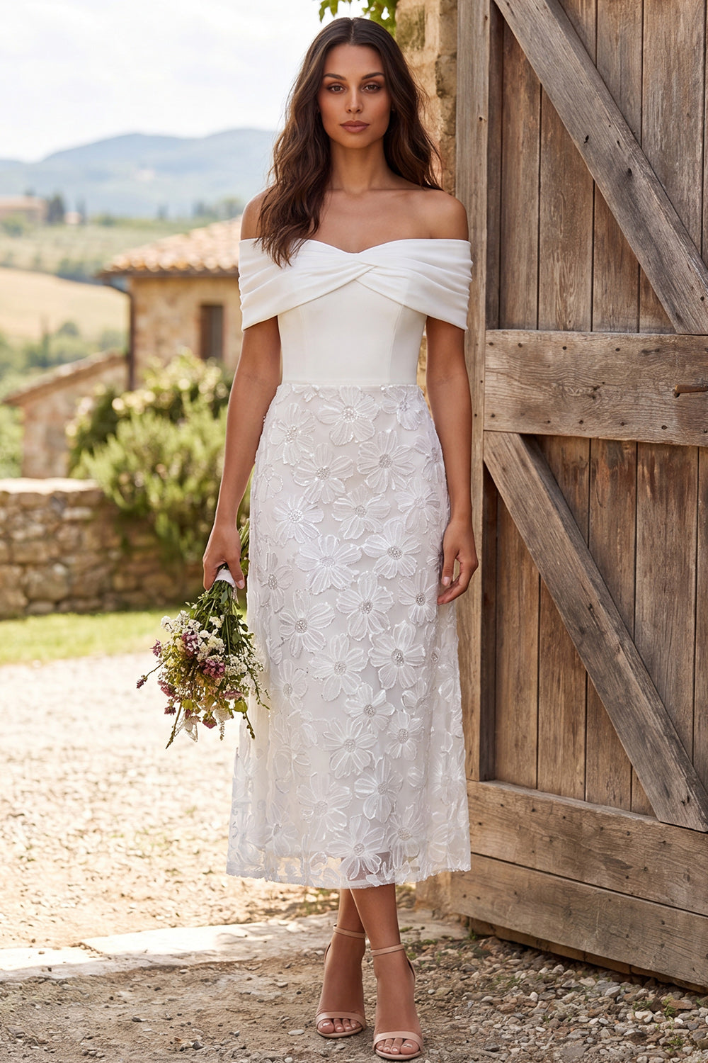 Ivory Floral Off The Shoulder Maxi Sheath Engagement Dress