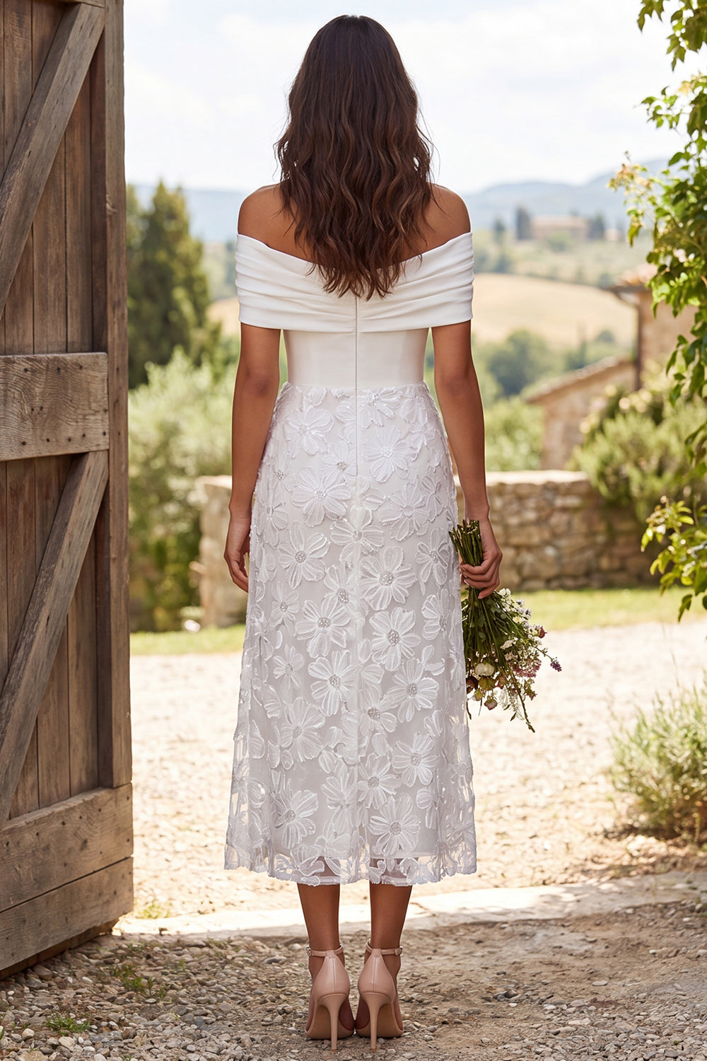 Ivory Floral Off The Shoulder Maxi Sheath Engagement Dress