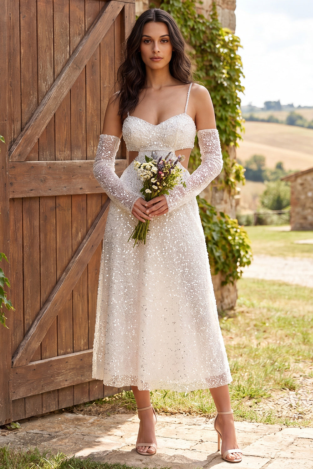 Ivory Sparkly A-Line Cut Out Sequin Maxi Engagement Dress