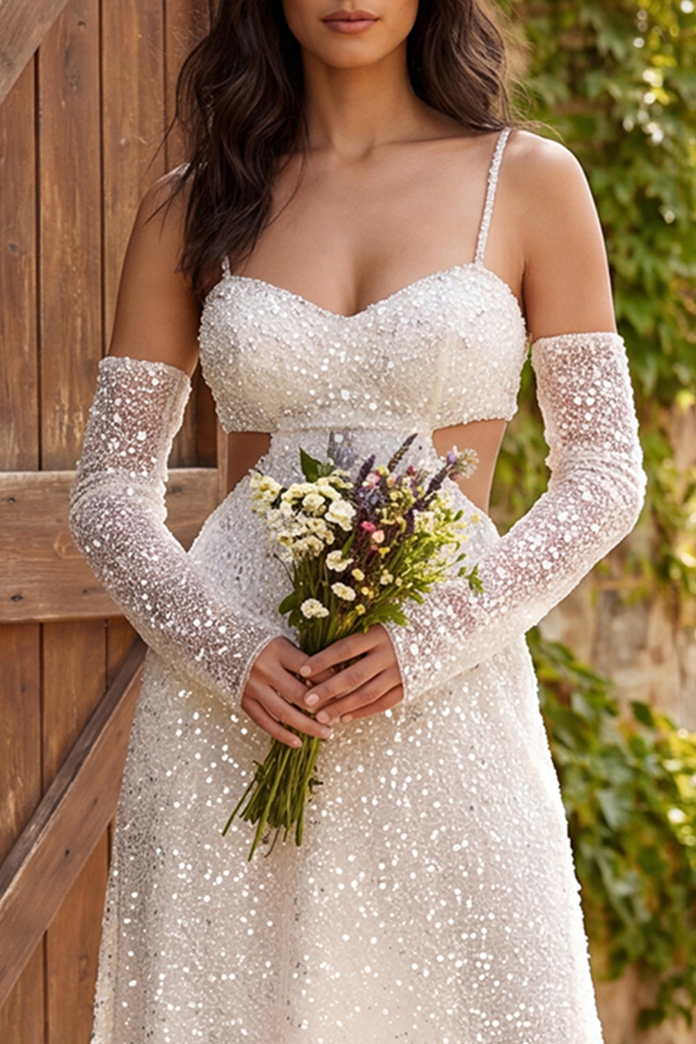 Ivory Sparkly A-Line Cut Out Sequin Maxi Engagement Dress