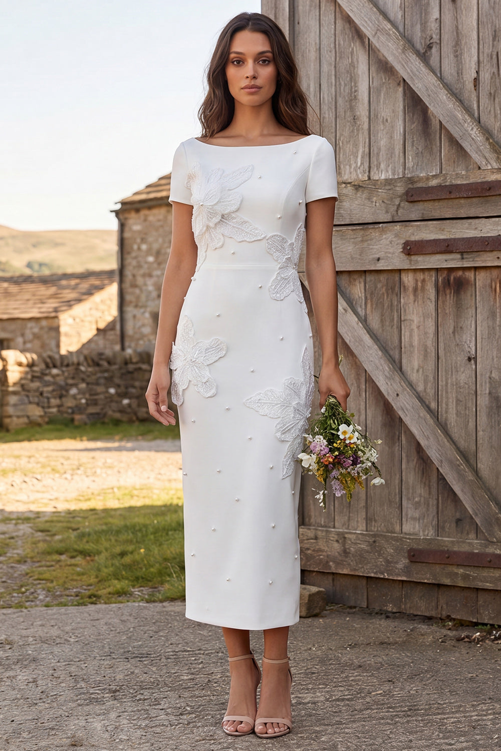 Floral Ivory Maxi Sheath Engagement Dress with Beading