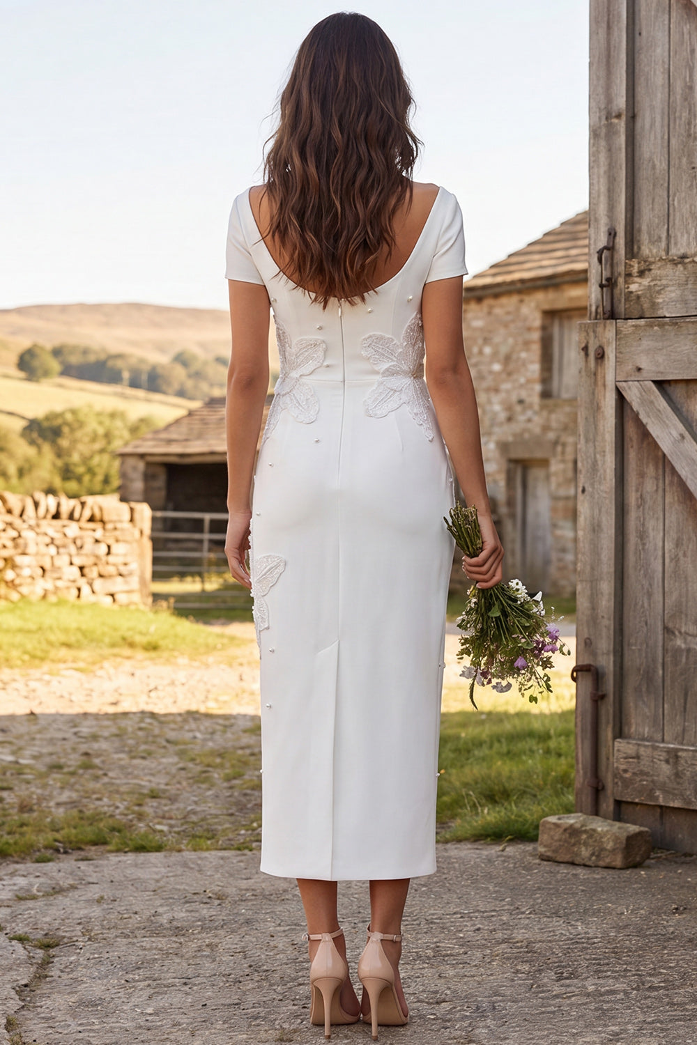 Floral Ivory Maxi Sheath Engagement Dress with Beading