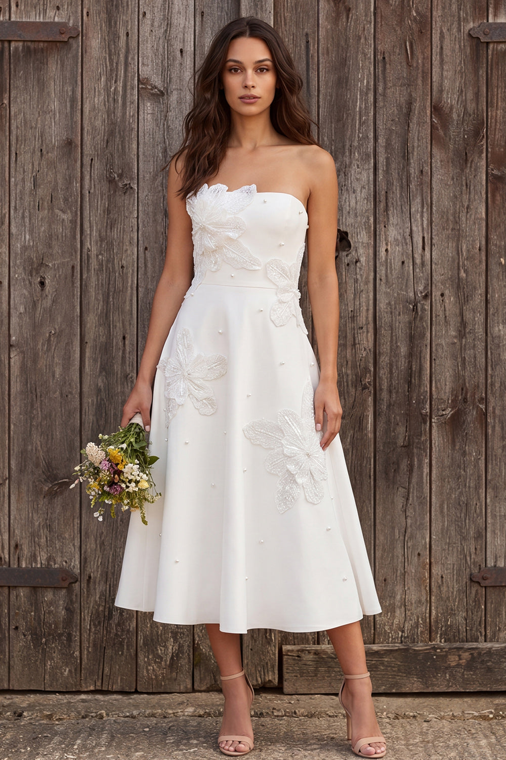Strapless Floral Ivory A-Line Maxi Engagement Dress with Beading