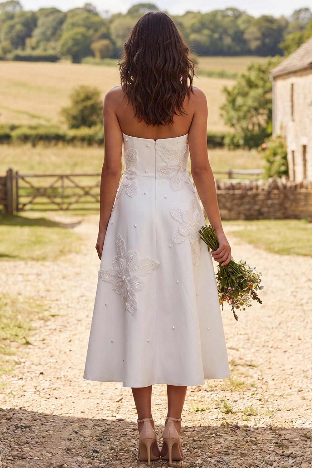 Strapless Floral Ivory A-Line Maxi Engagement Dress with Beading