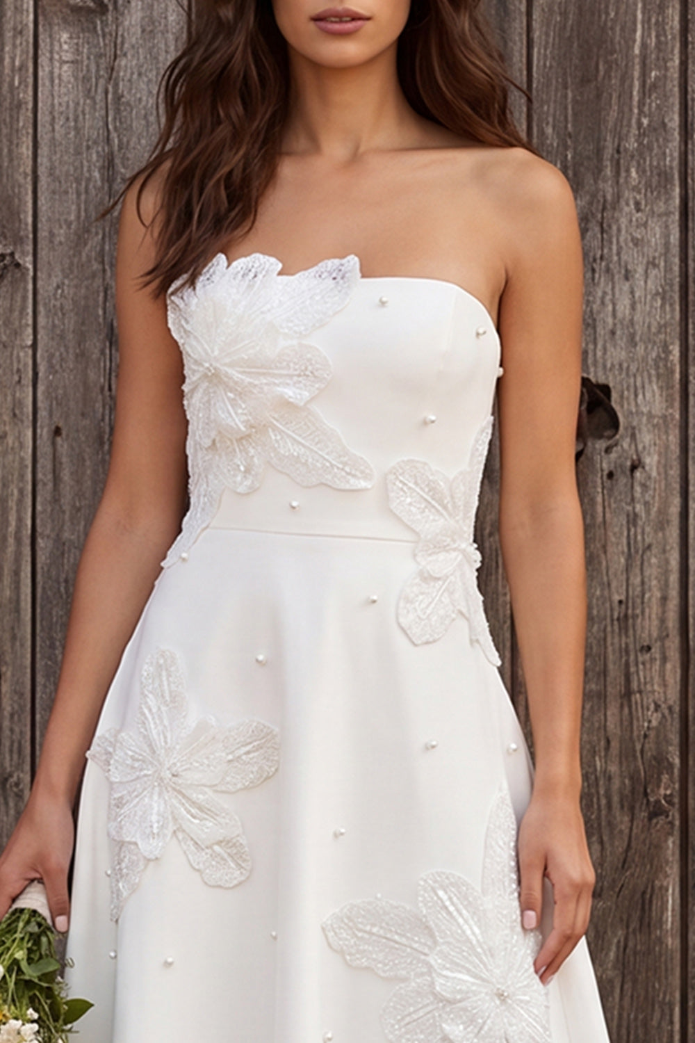 Strapless Floral Ivory A-Line Maxi Engagement Dress with Beading
