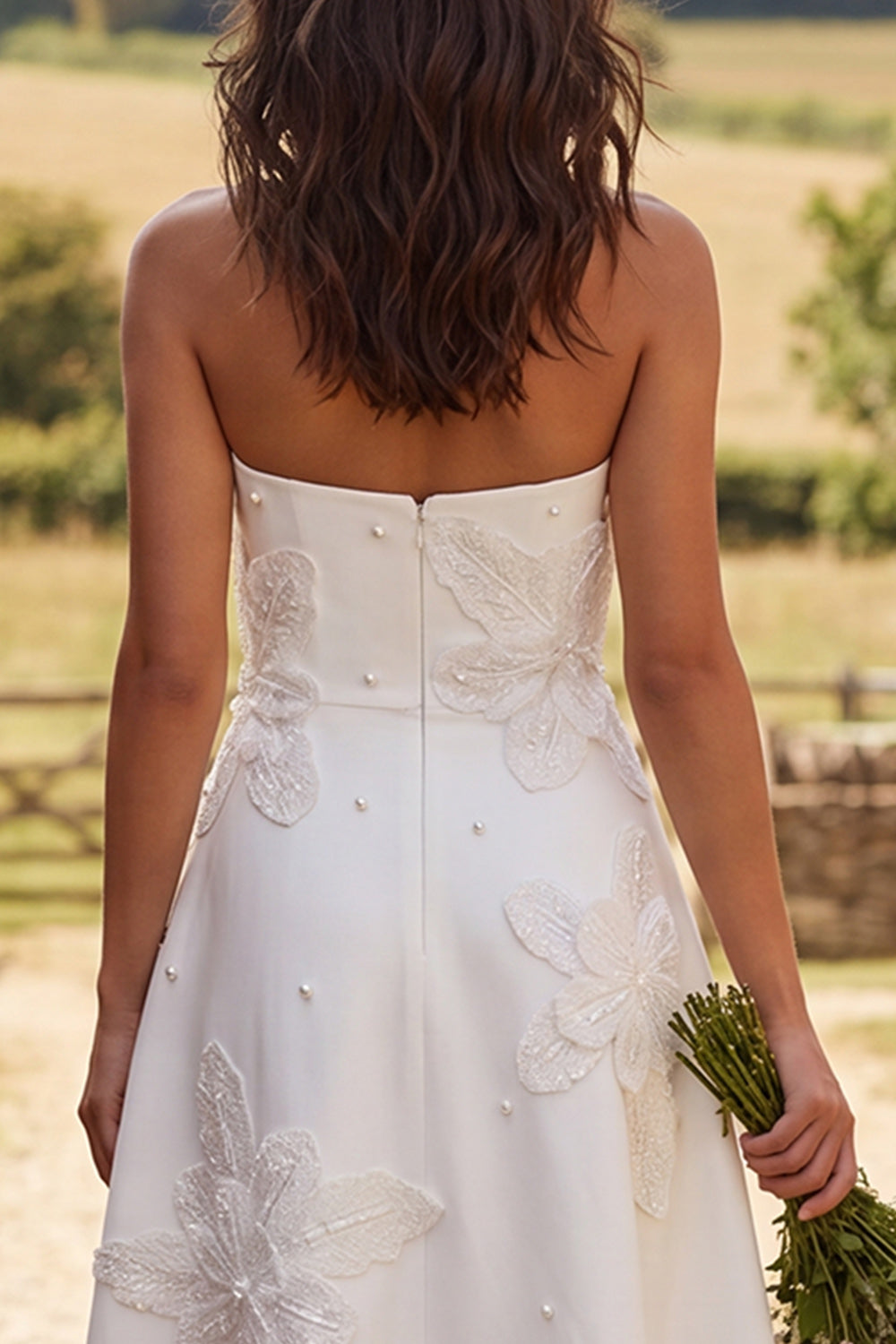 Strapless Floral Ivory A-Line Maxi Engagement Dress with Beading