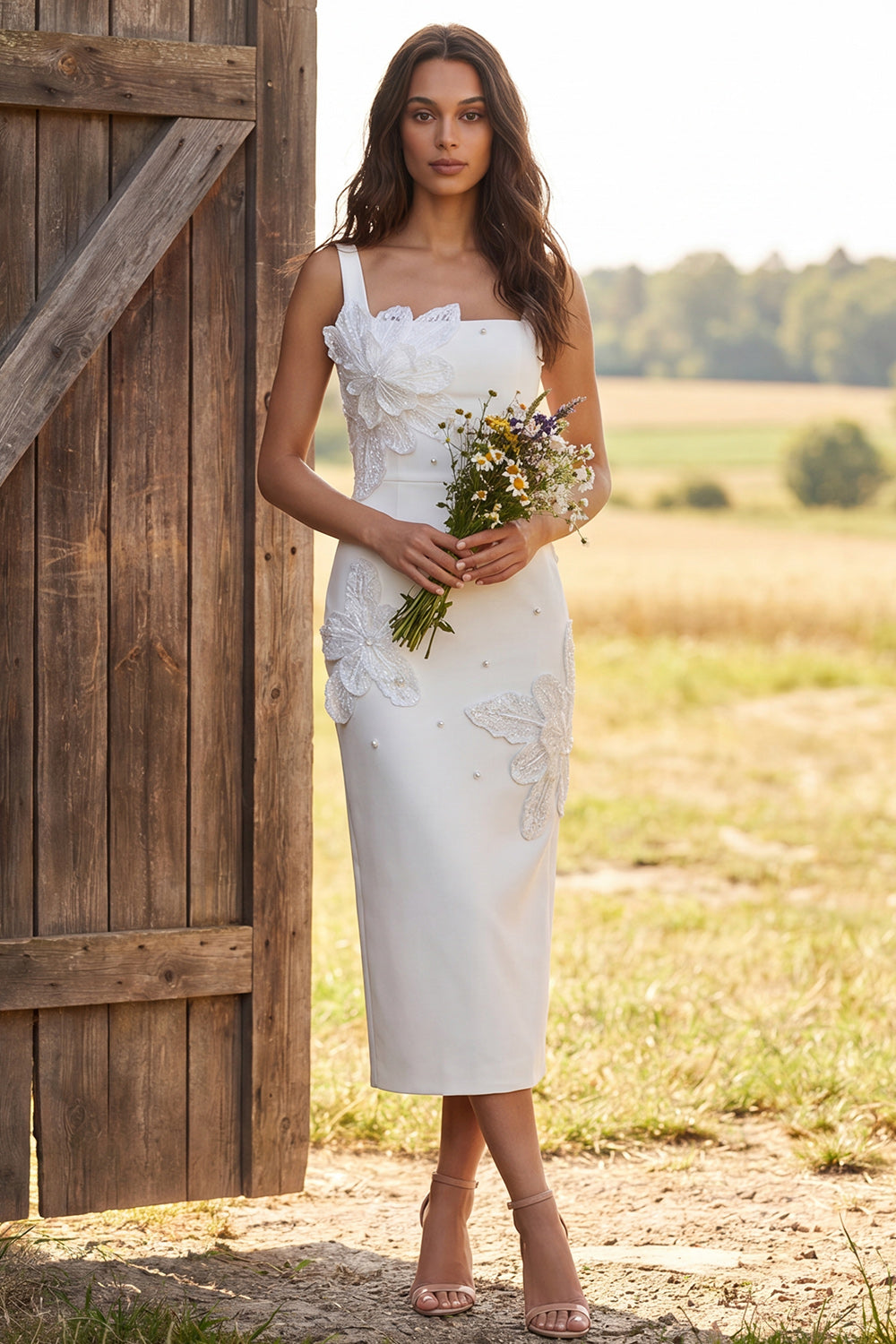 Ivory Square Neck Sheath Maxi Floral Engagement Dress with Beading