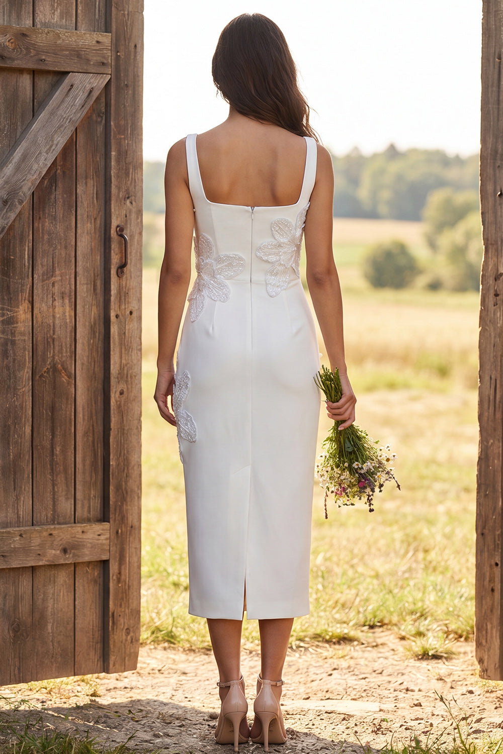 Ivory Square Neck Sheath Maxi Floral Engagement Dress with Beading