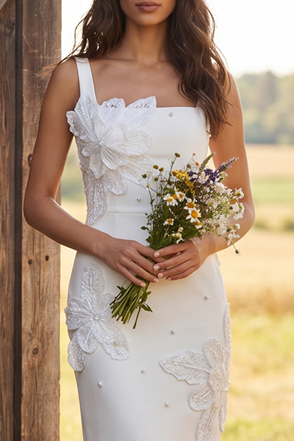 Ivory Square Neck Sheath Maxi Floral Engagement Dress with Beading