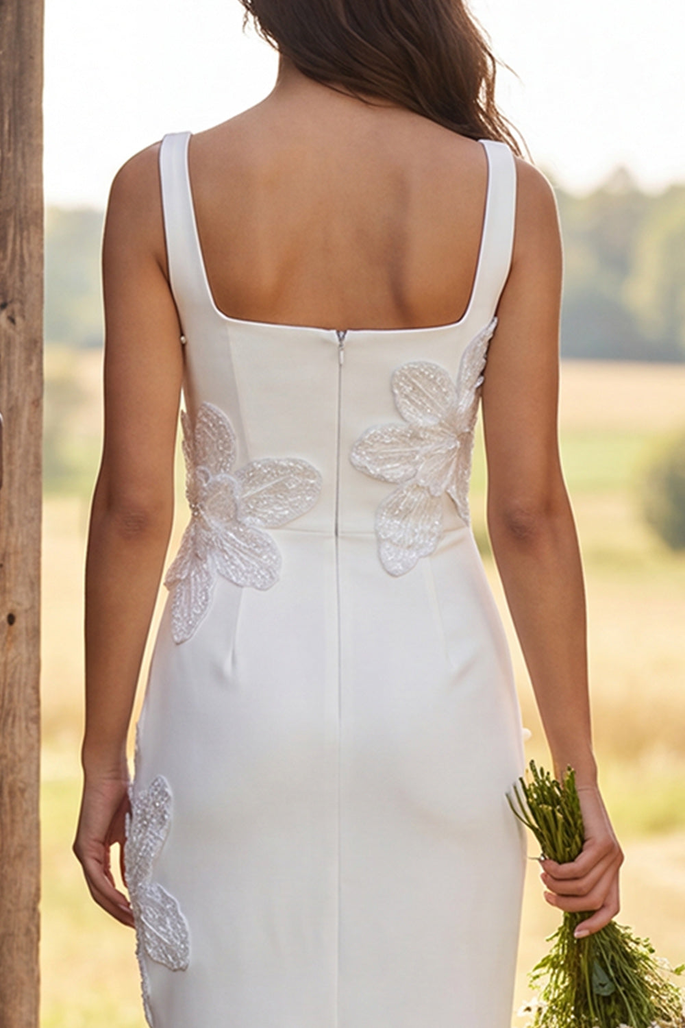Ivory Square Neck Sheath Maxi Floral Engagement Dress with Beading