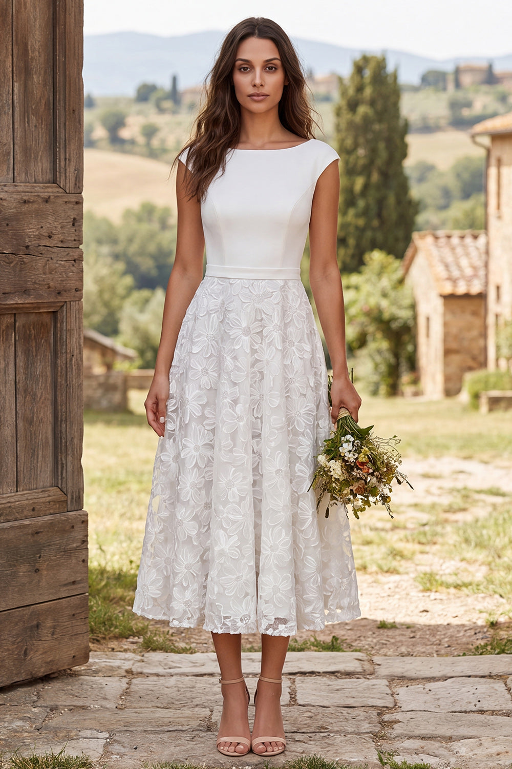 Ivory Boat Neck A-Line Cap Sleeves Floral Midi Engagement Dress