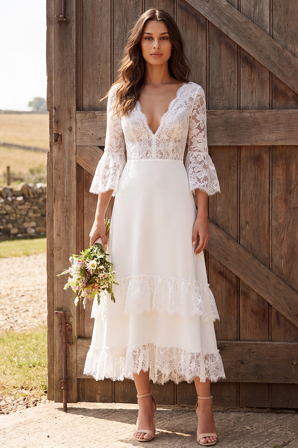 3/4 Sleeves Ivory V-Neck A-Line Lace Maxi Engagement Dress