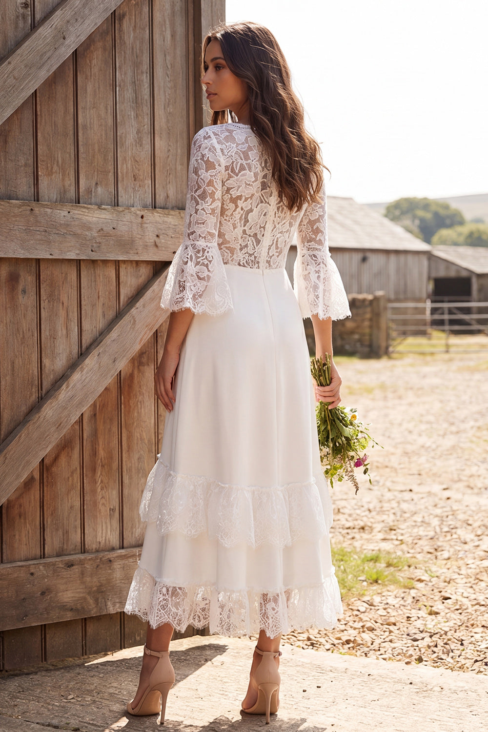 3/4 Sleeves Ivory V-Neck A-Line Lace Maxi Engagement Dress