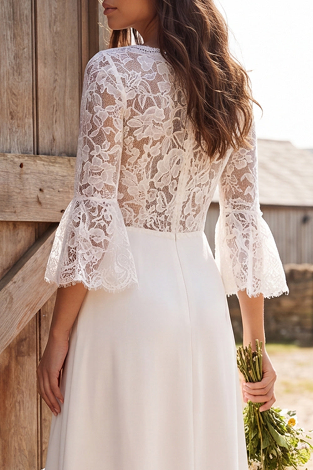 3/4 Sleeves Ivory V-Neck A-Line Lace Maxi Engagement Dress