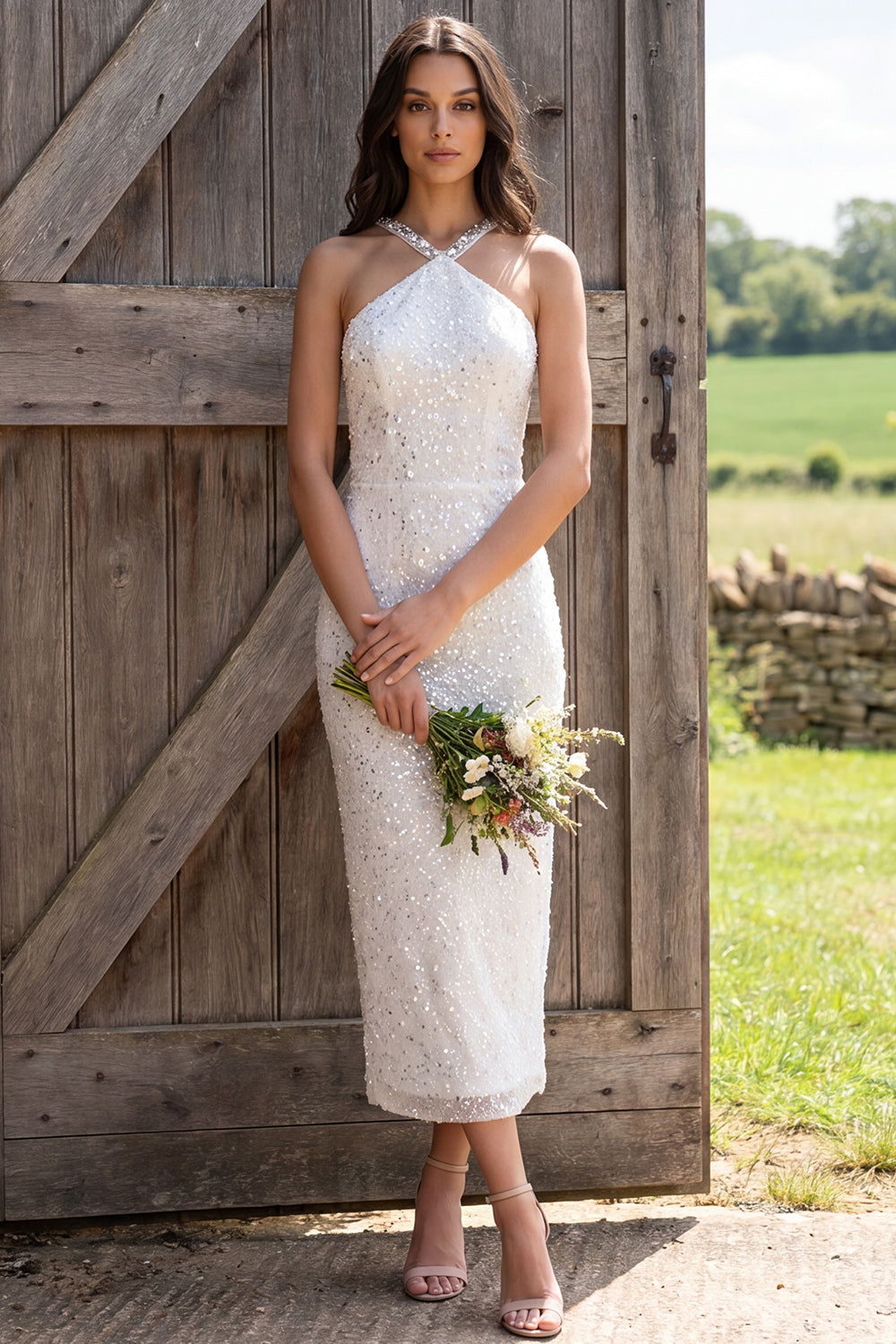 Sparkly Ivory Halter Neck Sheath Sequin Maxi Engagement Dress