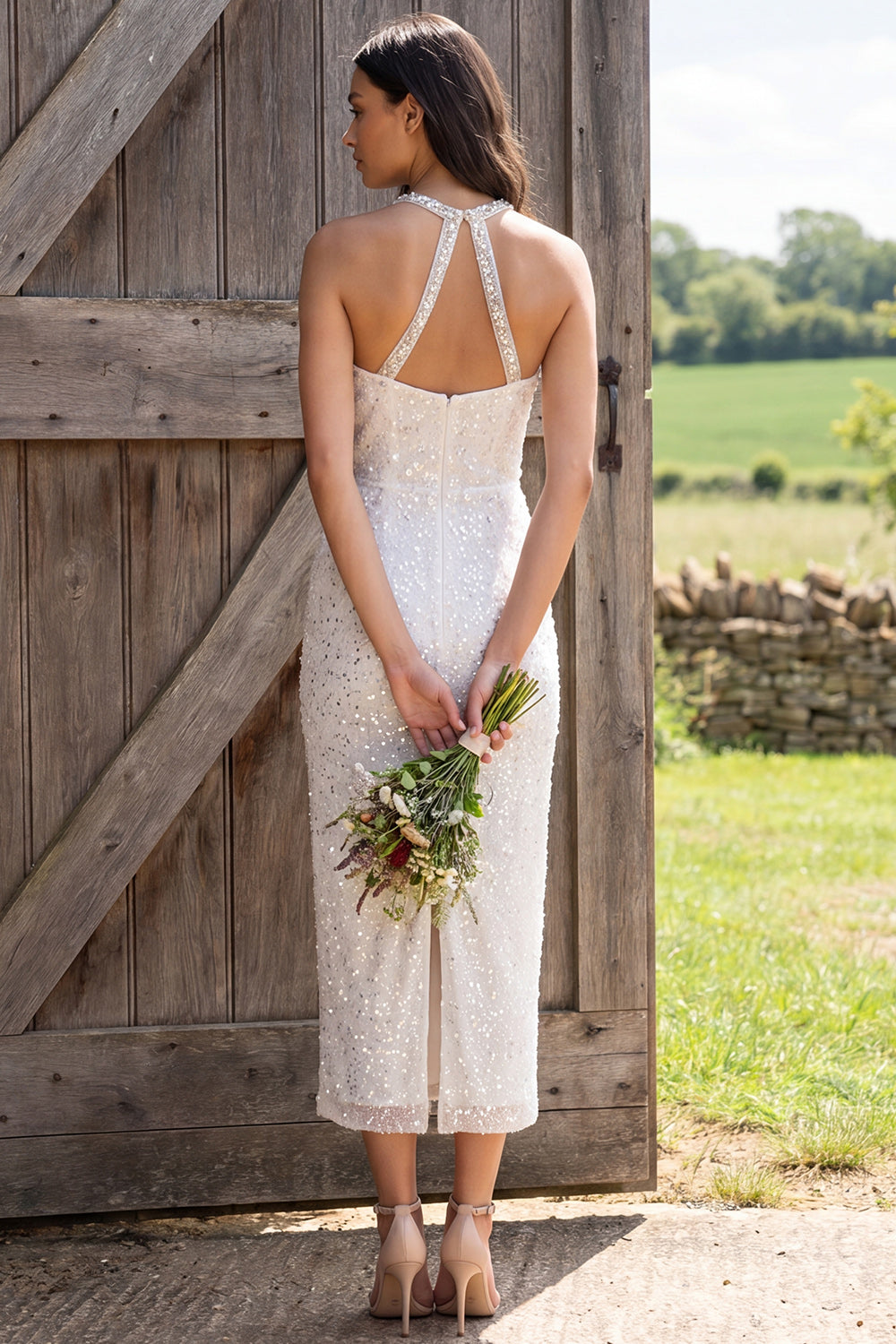 Sparkly Ivory Halter Neck Sheath Sequin Maxi Engagement Dress