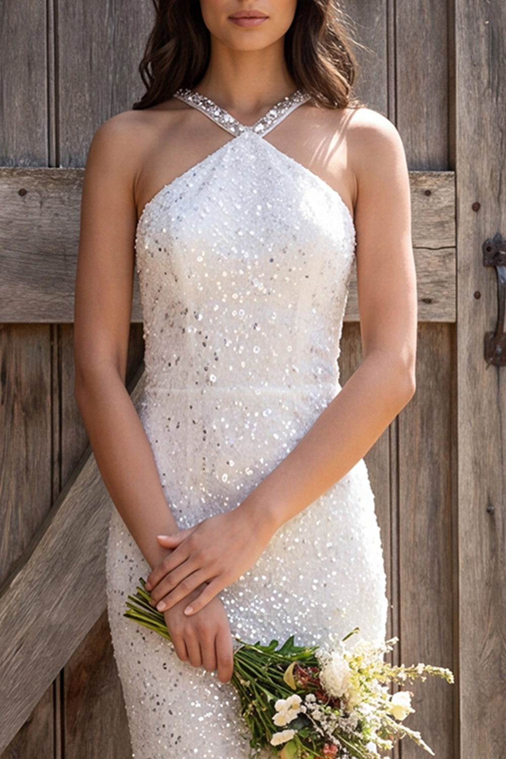 Sparkly Ivory Halter Neck Sheath Sequin Maxi Engagement Dress