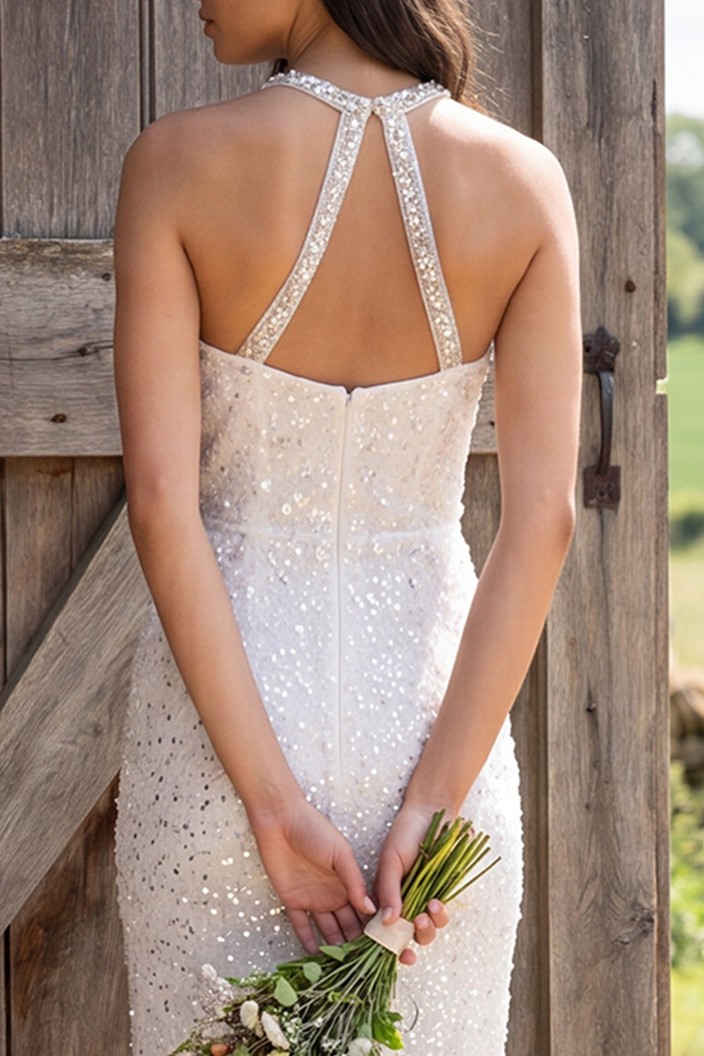 Sparkly Ivory Halter Neck Sheath Sequin Maxi Engagement Dress
