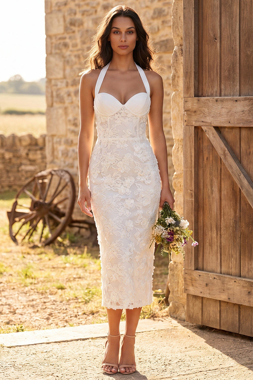Sheath Floral Ivory Lace Halter Neck Maxi Engagement Dress