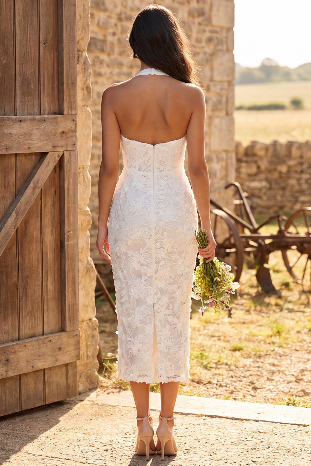 Sheath Floral Ivory Lace Halter Neck Maxi Engagement Dress