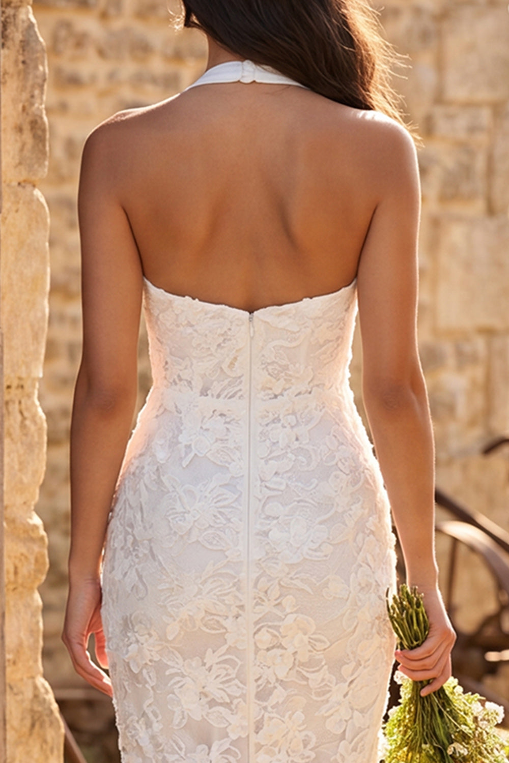 Sheath Floral Ivory Lace Halter Neck Maxi Engagement Dress