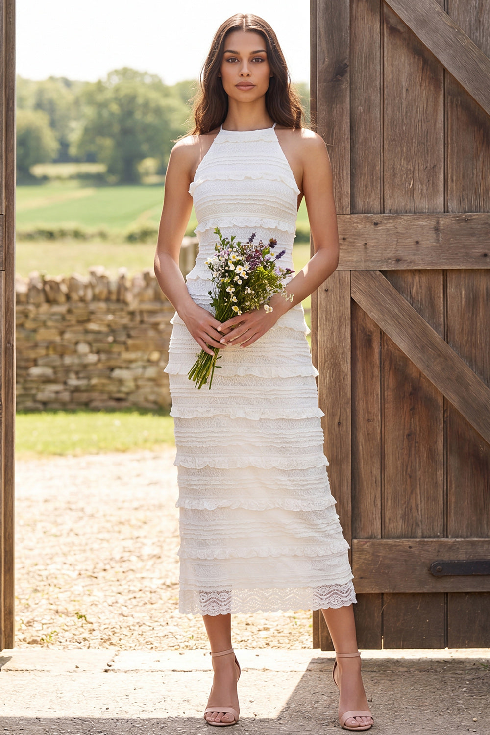 Ivory Halter Neck Sheath Lace Maxi Engagement Dress