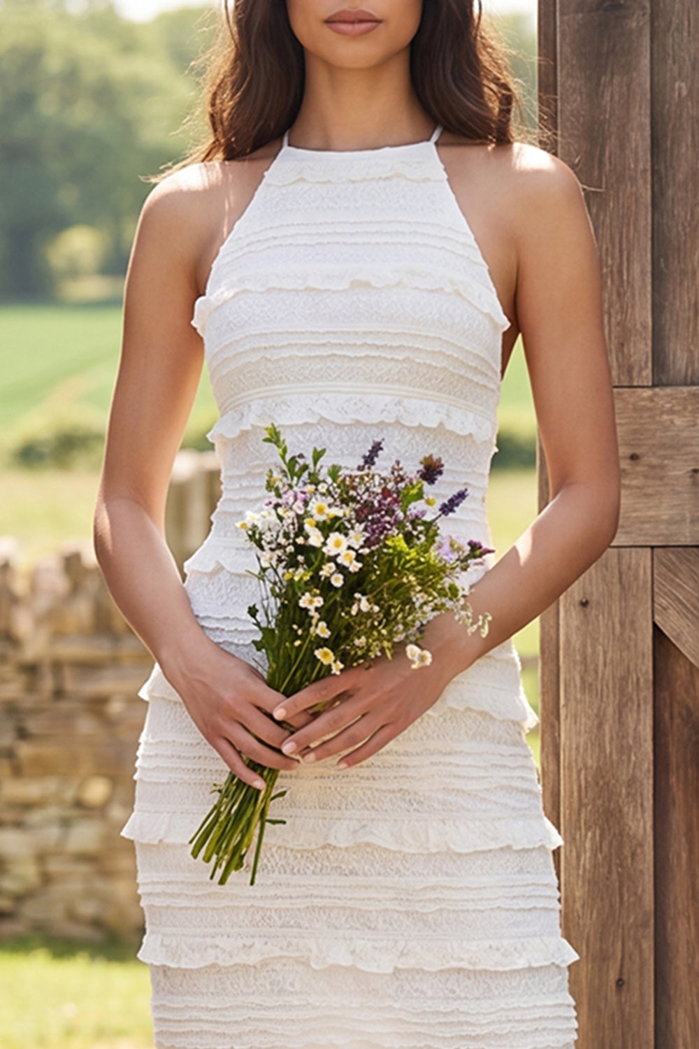 Ivory Halter Neck Sheath Lace Maxi Engagement Dress