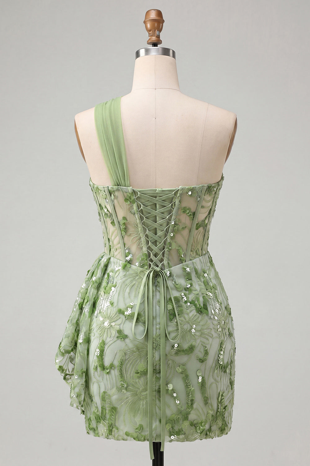 Sparkly Champagne Floral Corset One Shoulder Sequin Tight Short Homecoming Dress
